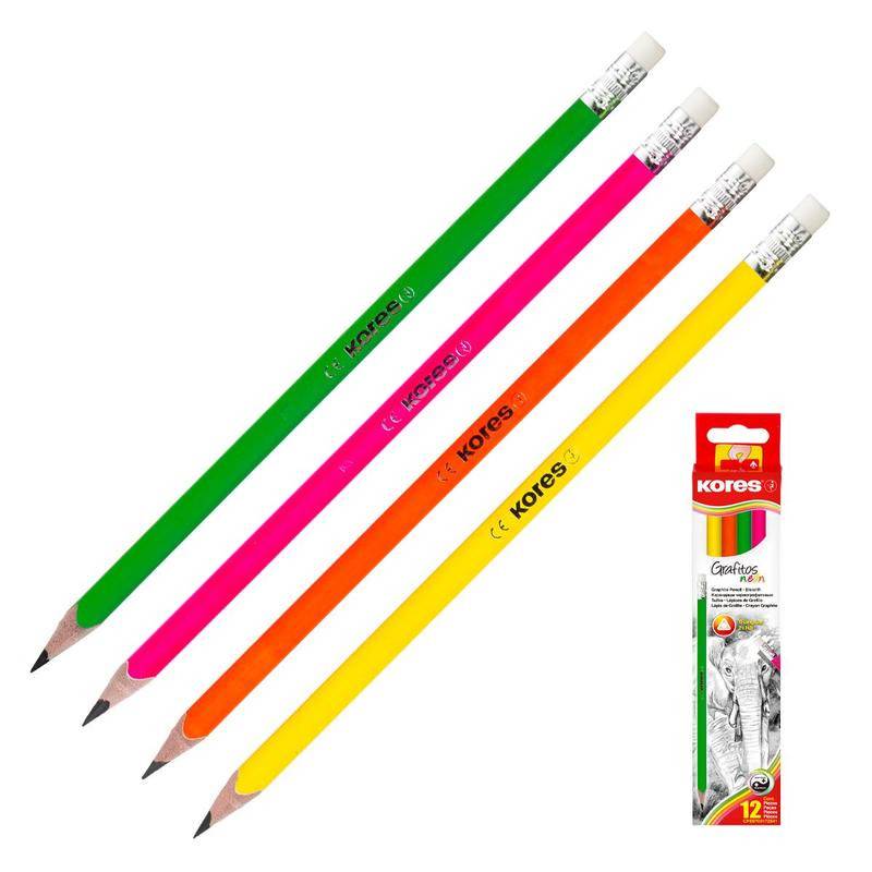 Карандаш чернографитный Kores Grafitos Neon HB корпус в асс. заточенный с ластиком 92306 1094469