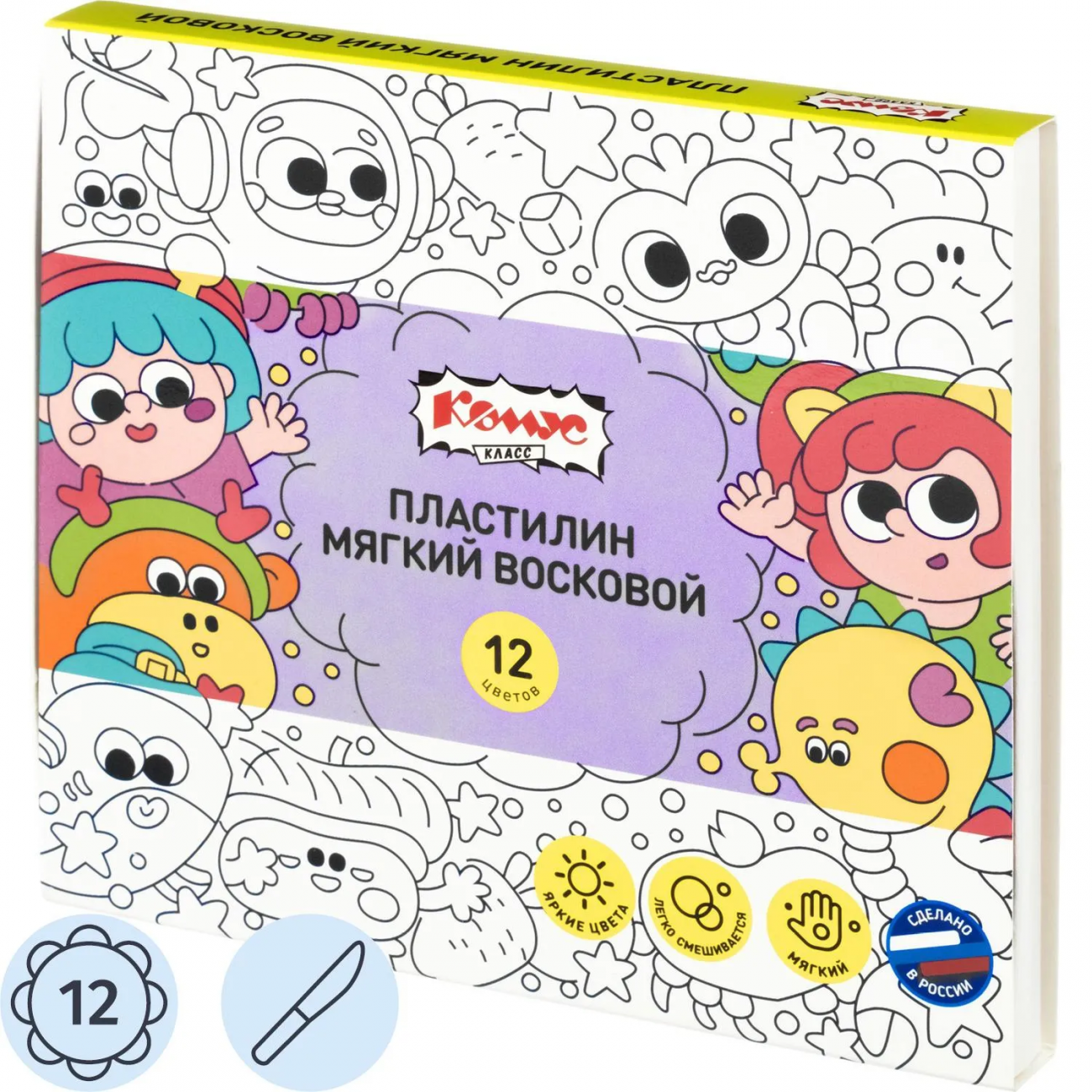 Пластилин мягкий восковой Комус Класс Миники 12 цв/наб, 180 г, со стеком 1947471