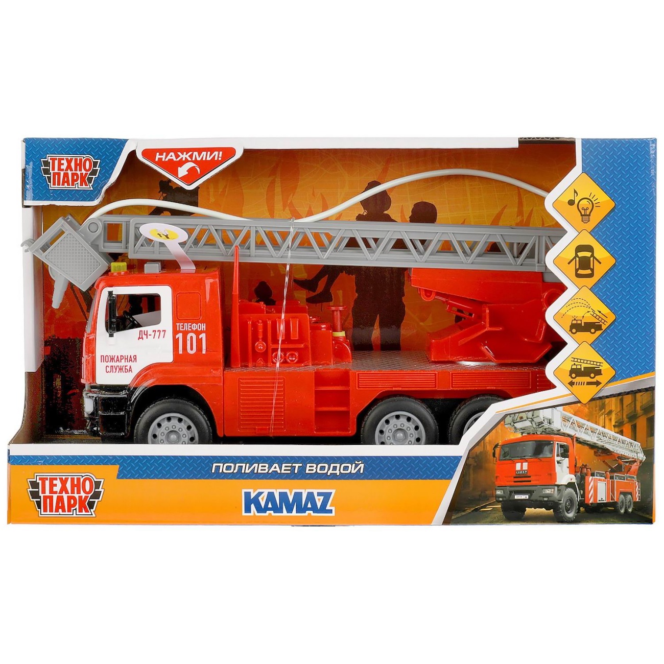 Машинка Технопарк KAMAZ Пожарная машина 22,5 см, свет/звук KAMFIR-30PL-RDWH
