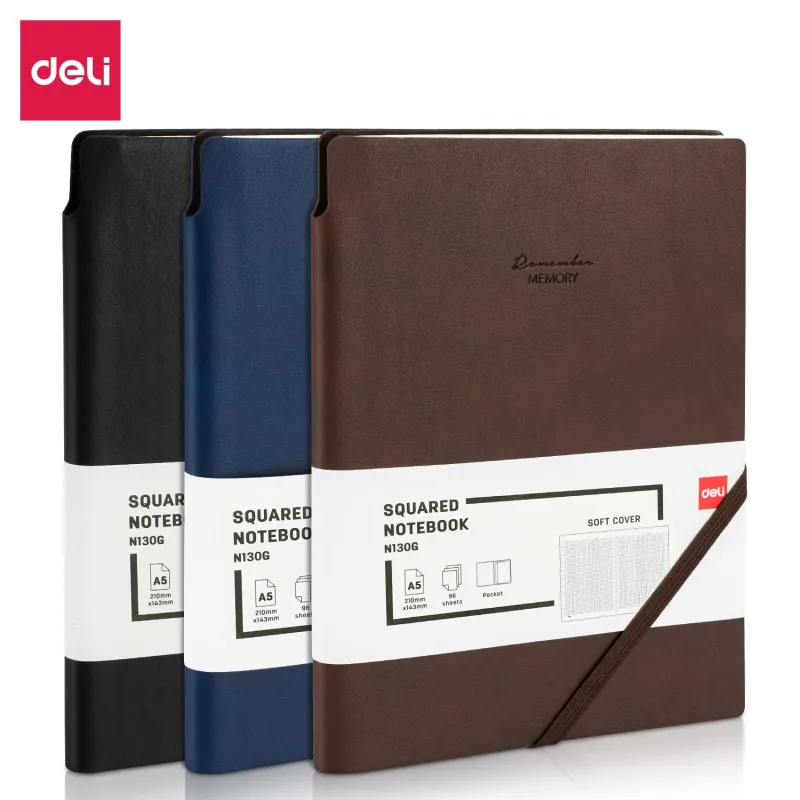 Блокнот Deli А5 96л 80 г/м, мягкая обложка, клетка 5x5 мм синий кожа EN130G 1741980