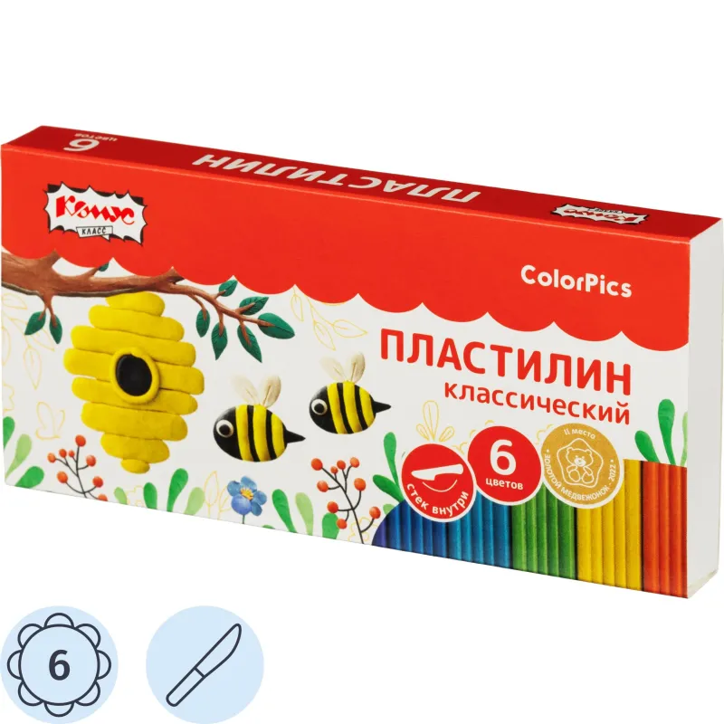 Пластилин клас. Комус Класс (№1 School) ColorPics набор 6цв 120г со стеком 1681804