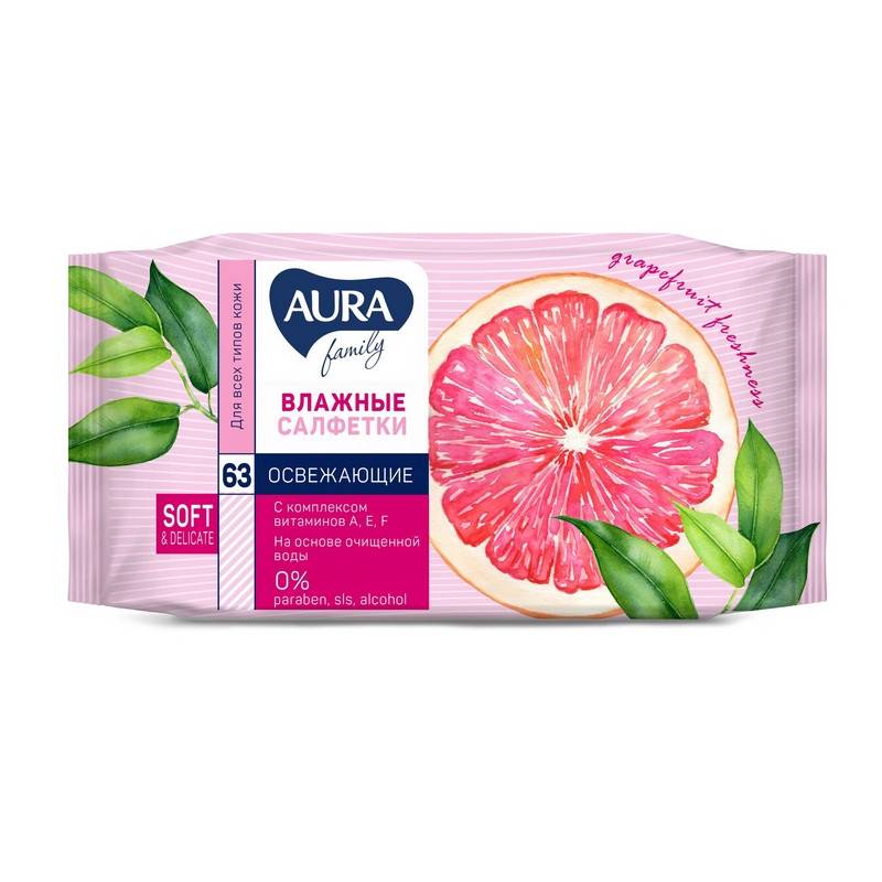 Салфетки влажные AURA освежающие для всей семьи 63шт. 442062