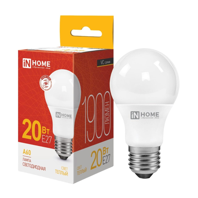Лампа светодиод LED-A60-VC 20Вт 230В Е27 3000К 1900 Лм IN HOME 1689495 4690612020297