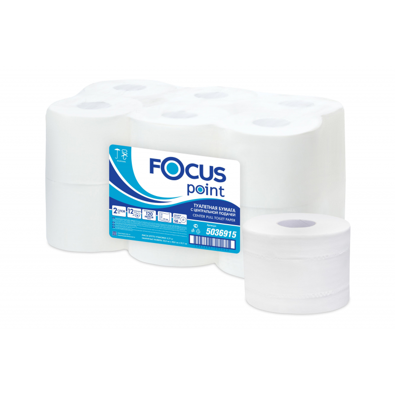 Бумага туалетная д/дисп Focus Point 2сл бел цел втул 120м 12рул/уп(5036915) 1418105