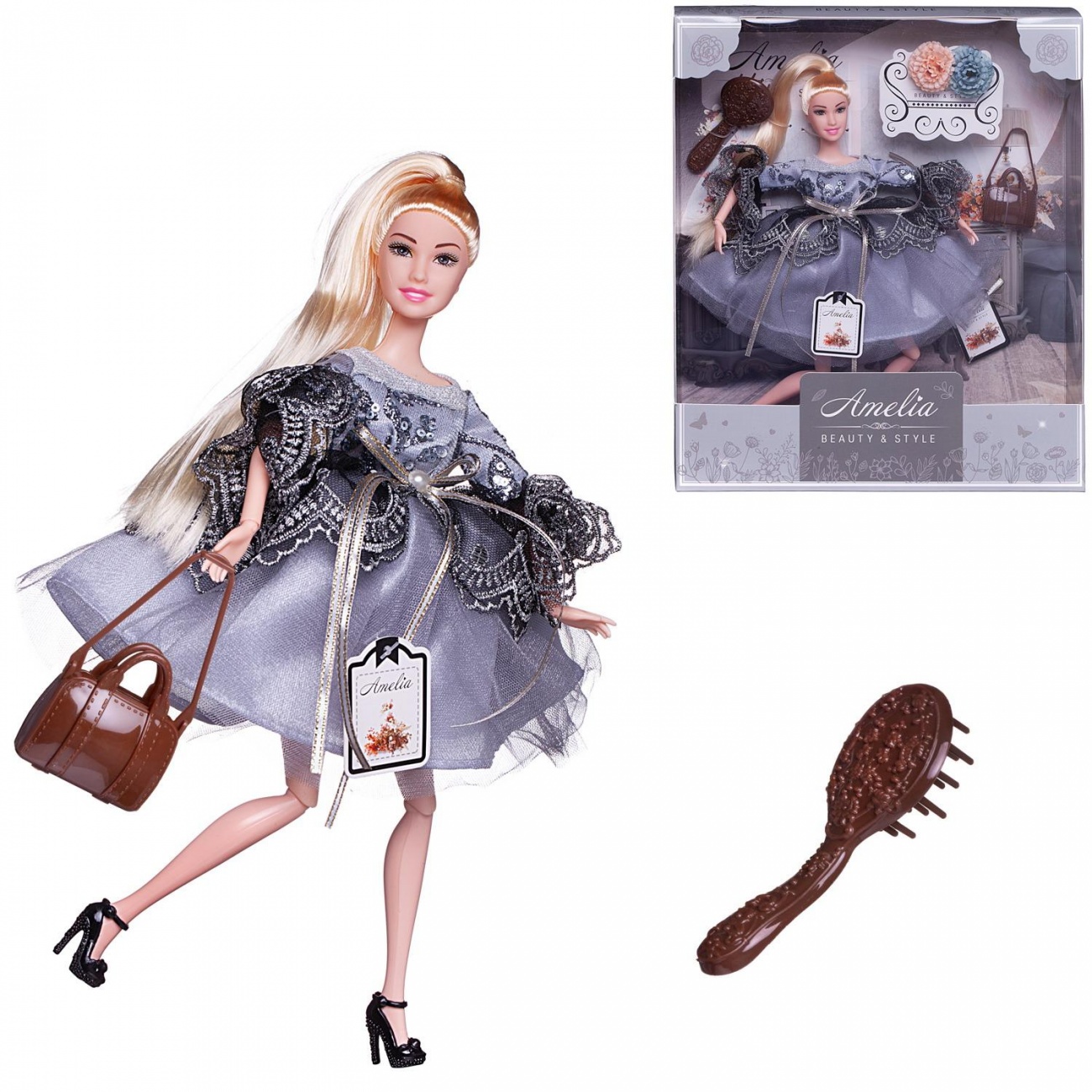 Кукла ABtoys Amelia. Роскошное серебро в платье с ажурными рукавами, светлые волосы 30см PT-01627