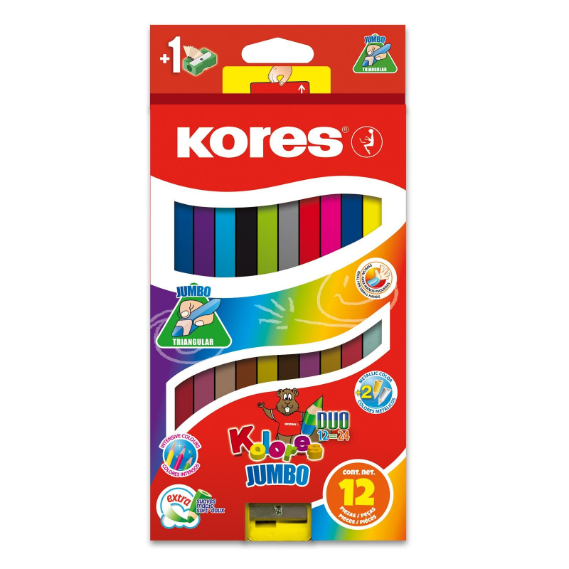 Карандаши цветные двойные 24 цв.12 шт Kores DUO Jumbo, трехгр,5 мм,93252 1334937