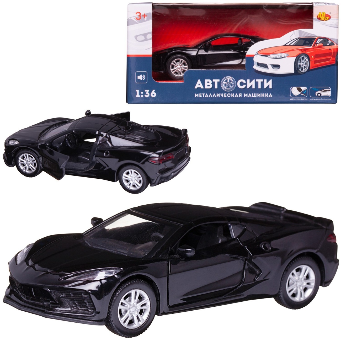 Машинка металл Abtoys АвтоСити 1:36 Спортивная-2, инерция, двери откр., черная, свет/звук C-00524/черная