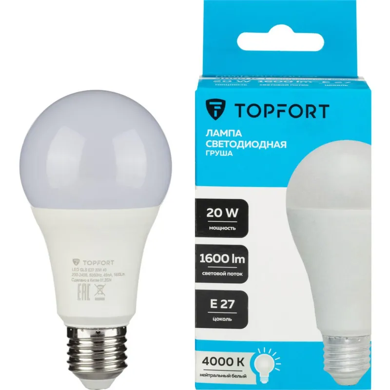 Лампа светодиодная Topfort E27 20W 4000K груша 1885128