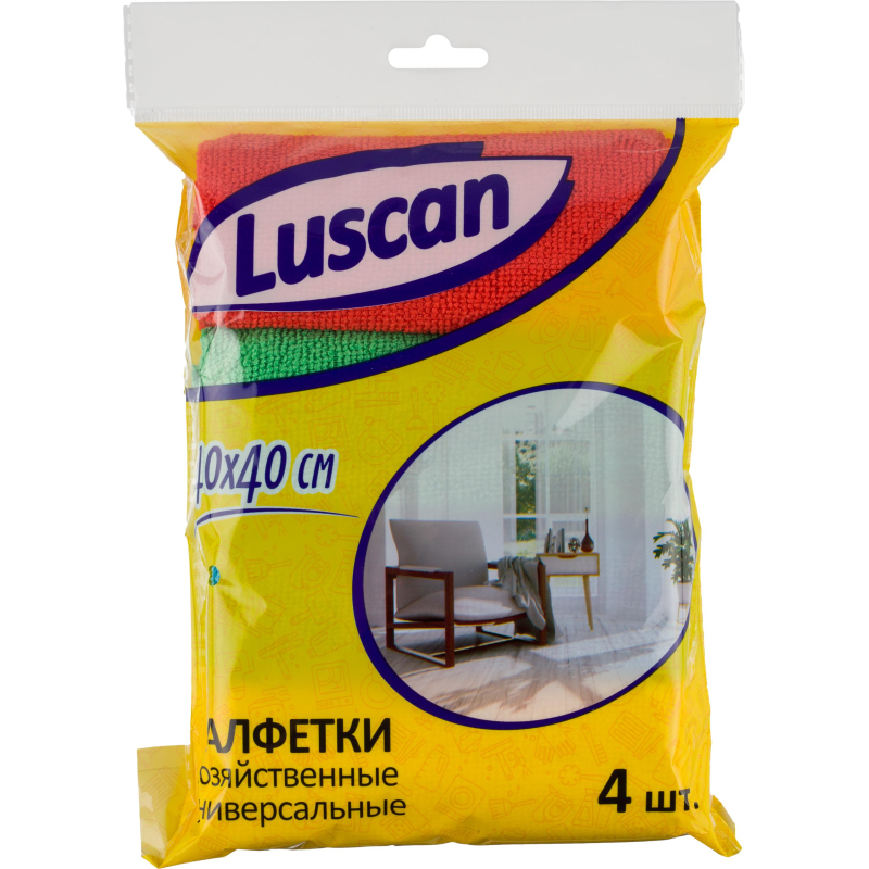 Салфетки хозяйственные Luscan из микрофибры универс 220г/м2 40х40см 4шт/уп 1604401 4040X220X4