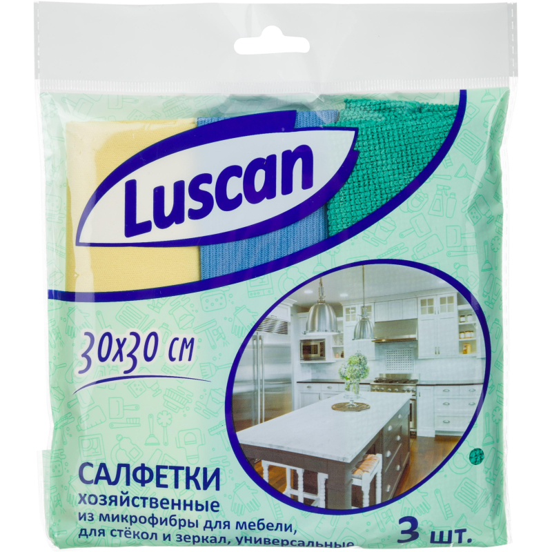 Салфетки хозяйственные Luscan из микрофибры 30х30см д/мебели, стекол 3шт/уп 1604413 3030X3X3