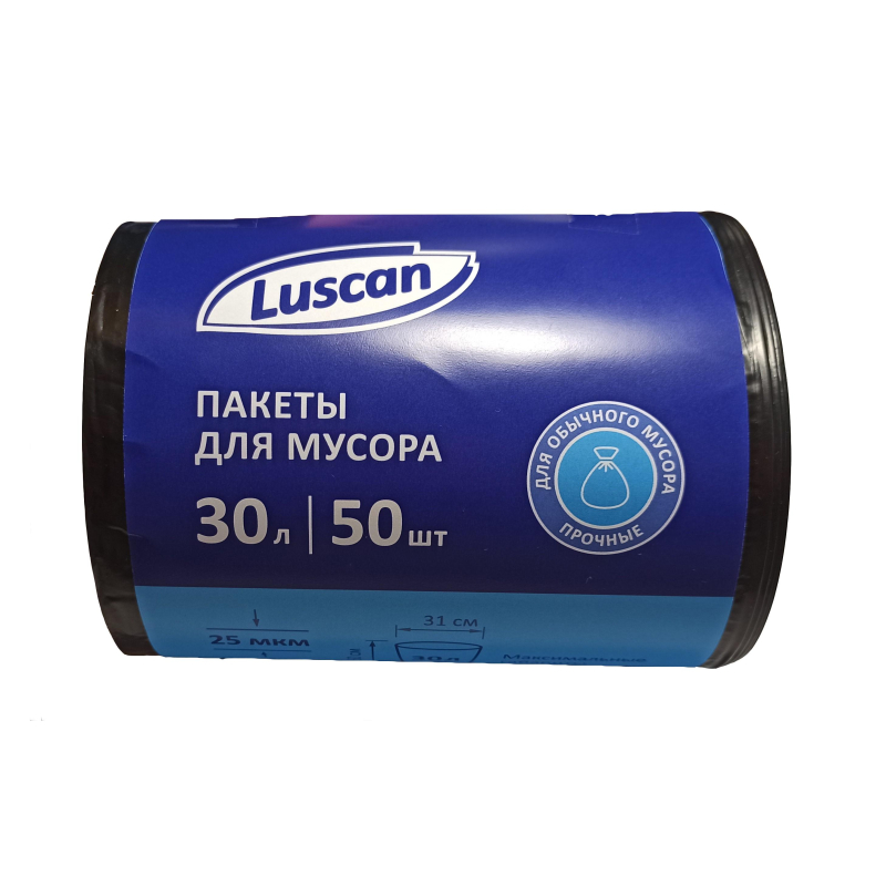 Мешки д/мусора ПВД 30л 25мкм 50шт/рул черные 50x70см Luscan 1602402