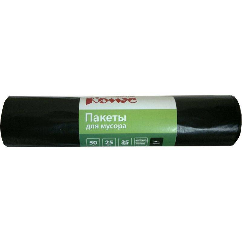 Мешки для мусора на 50 литров Комус черные (35 мкм, в рулоне 25 штук, 50x70 см) 328822