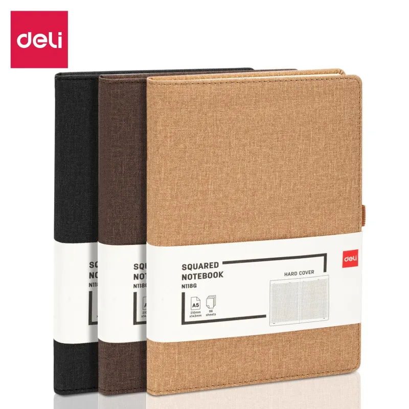 Блокнот Deli А5 96л 80 г/м тверд.облож, кл.5x5мм,петл/ручк,хаки кожа EN118G 1793239