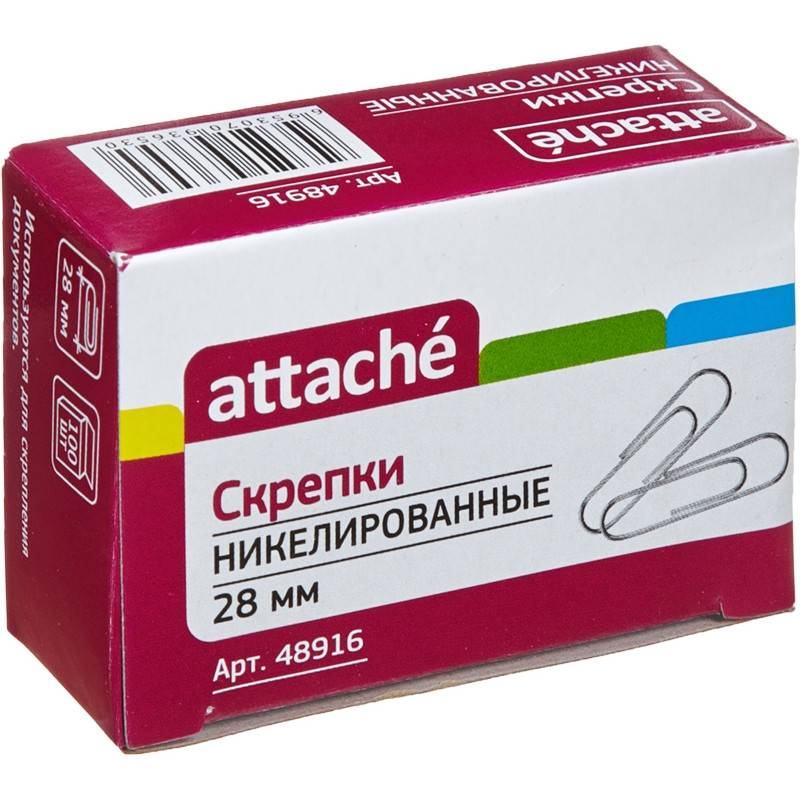 Скрепки Attache металлические никелированные 28 мм (100 штук в уп) 48916