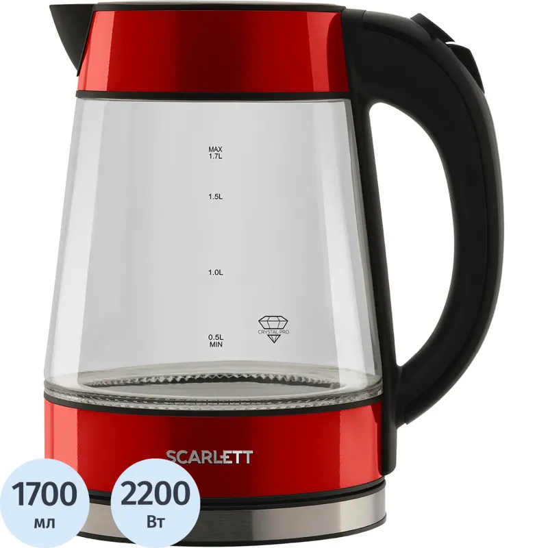 Чайник электрический SCARLETT SC-EK27G79, стекло, 2200Вт, 1.7л, красный 1986761