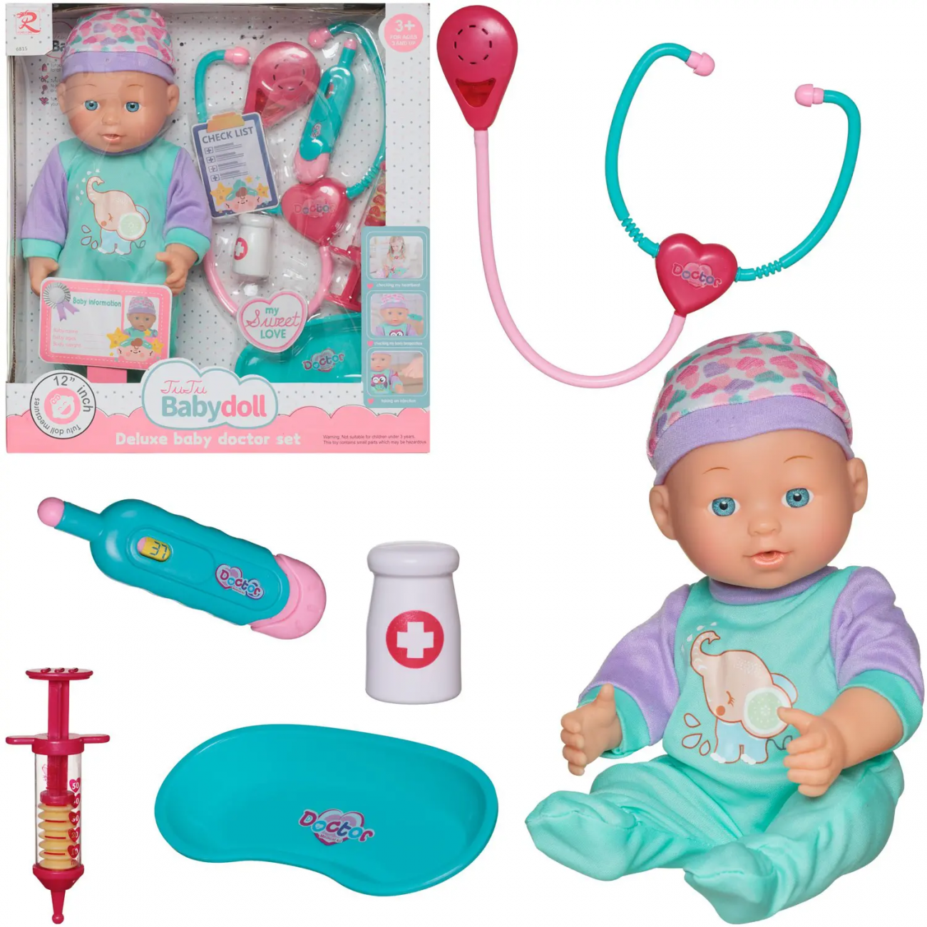 Игровой набор Junfa Пупс My Sweet Love 35 см Доктор (в комбинезоне со слоненком) WJ-36788