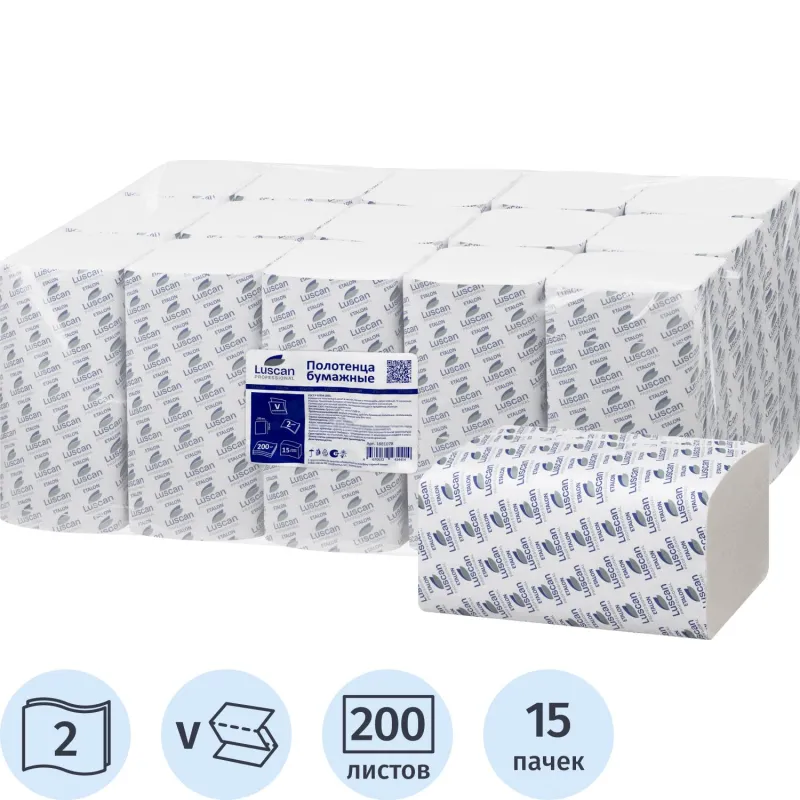 Полотенца бумажные д/дисп. Luscan Professional Vслож 2сл белцел200л15пач/уп 1881078 5090855