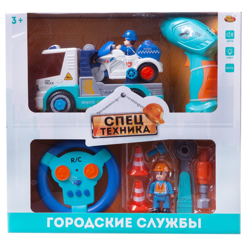 Машинка-конструктор на р/у Abtoys Автовоз и полицейский мотоцикл, свет/звук C-00442