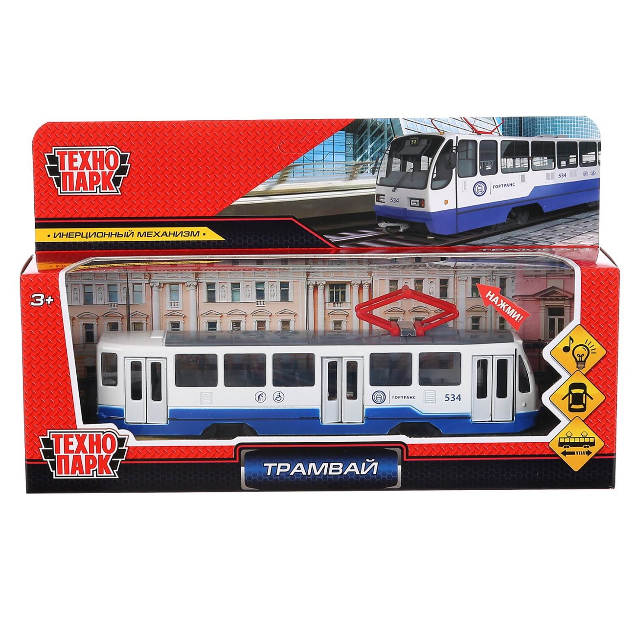 Машинка Технопарк Трамвай 18,5 см, свет/звук TRAM71403-18SL-BUWH