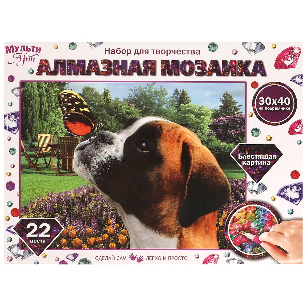 Алмазная мозаика 30х40 см. с подрамником собака и бабочка MultiArt AM30X40-DOGFLY