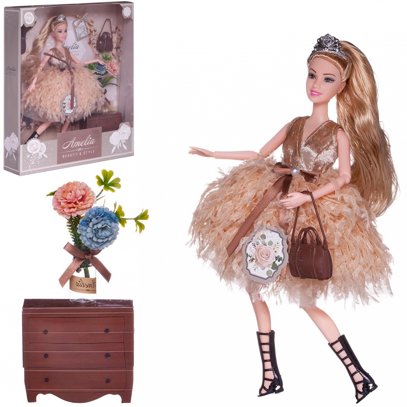 Кукла ABtoys Amelia. Современный шик с диадемой в золотом платье, 30см PT-01617
