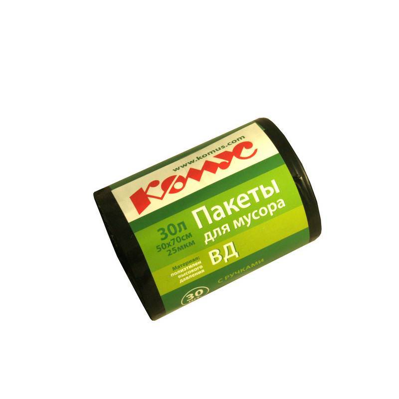 Мешки для мусора на 30 литров с ручками Комус черные (25 мкм, в рулоне 30 шт, 50x70 см) 301955