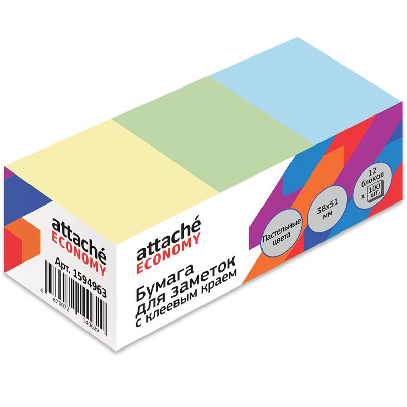 Стикеры Attache Economy 38x51 мм, 100 л, цв в асс, 12 бл/уп 1408011 1594963