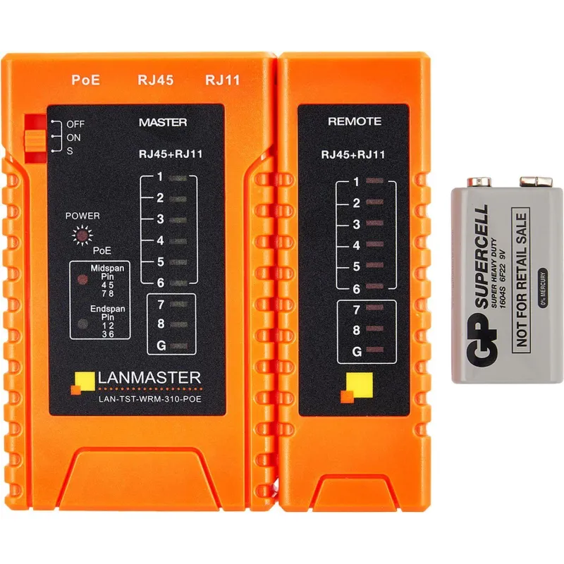 Тестер витой пары LANMASTER LAN-TST-WRM-310-POE с индикаторами, опред. POE 2125683