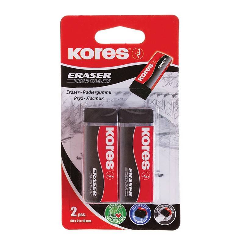 Ластик Kores KE-20 Black виниловый черный 60x21x10 мм (2 штуки в уп) 456679