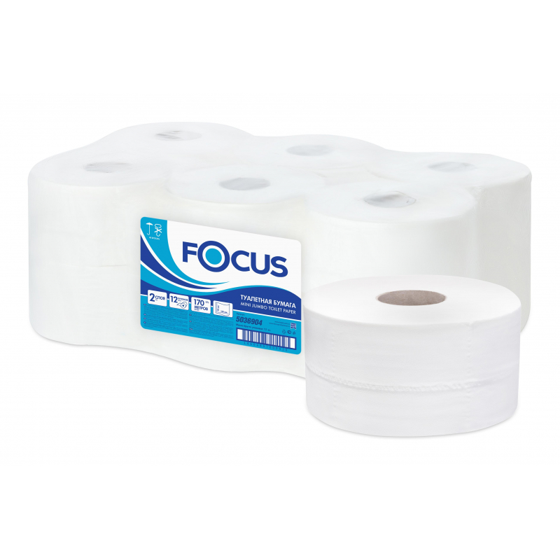 Бумага туалетная д/дисп Focus Mini Jumbo 2сл бел цел 170м 12рул/уп(5036904) 1418104
