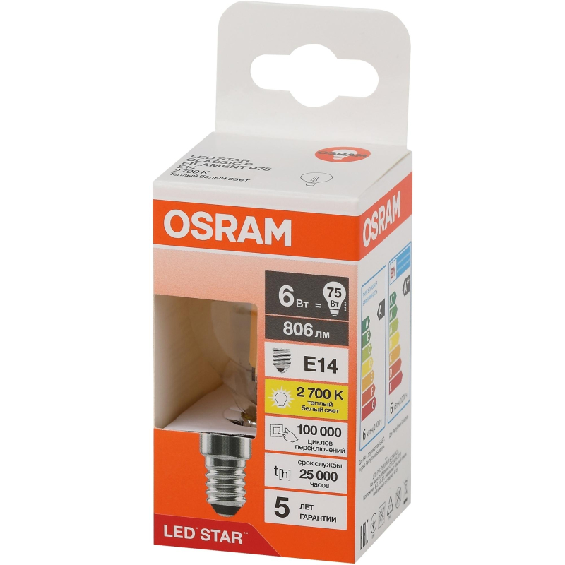 Лампа светодиодная OSRAMLSCLP75 6W/827 230VFILCL E14 FS1 1894998 4058075684515