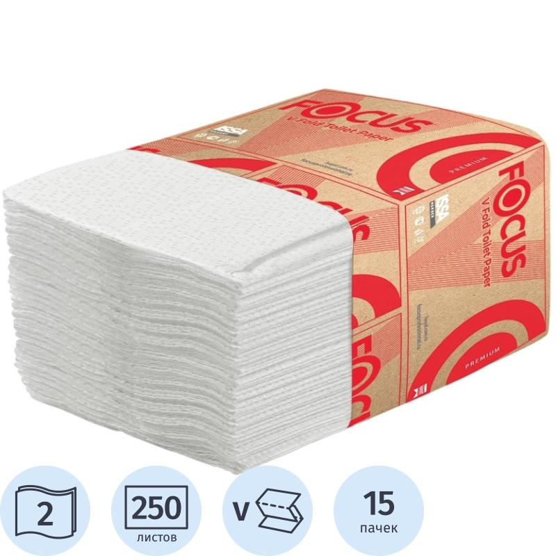 Бумага туалетная д/дисп Premium V-сл 2сл бел 250л 15пач/уп 5083735 п/э Focus 1769751