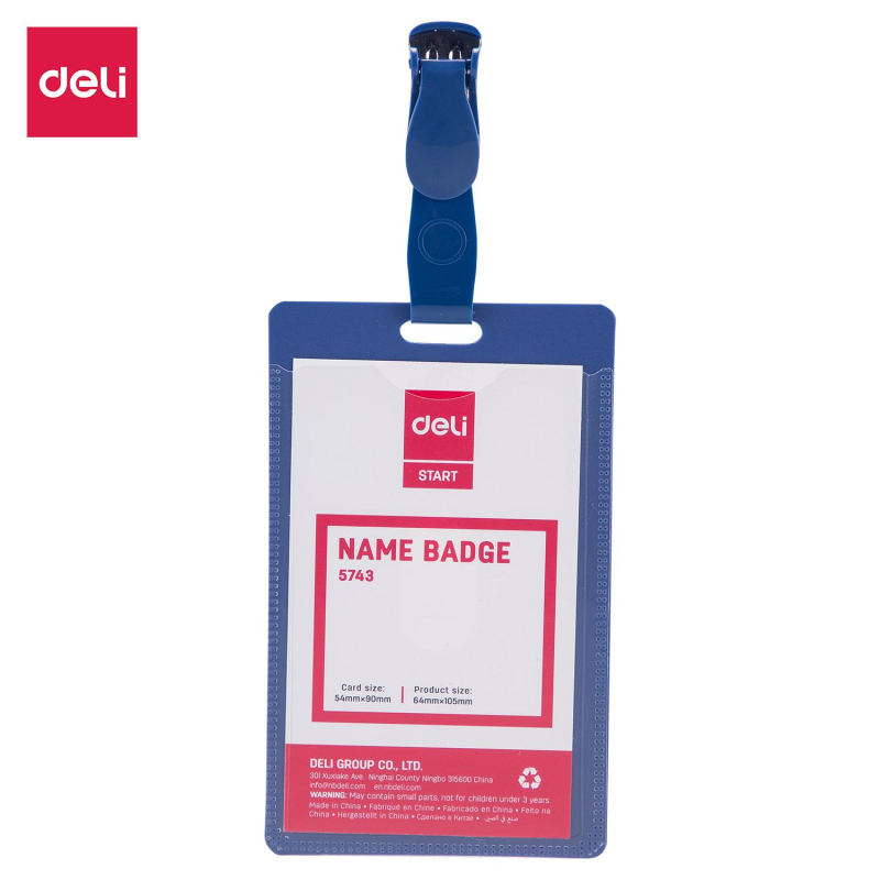 Бейдж Deli E5743 54х90мм вертик. зажим вращающийся PP синий (упак.:50шт) 1791587
