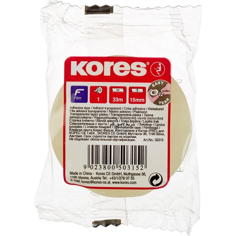 Клейкая лента канцелярская Kores прозрачная 15 мм х 33 м 167749