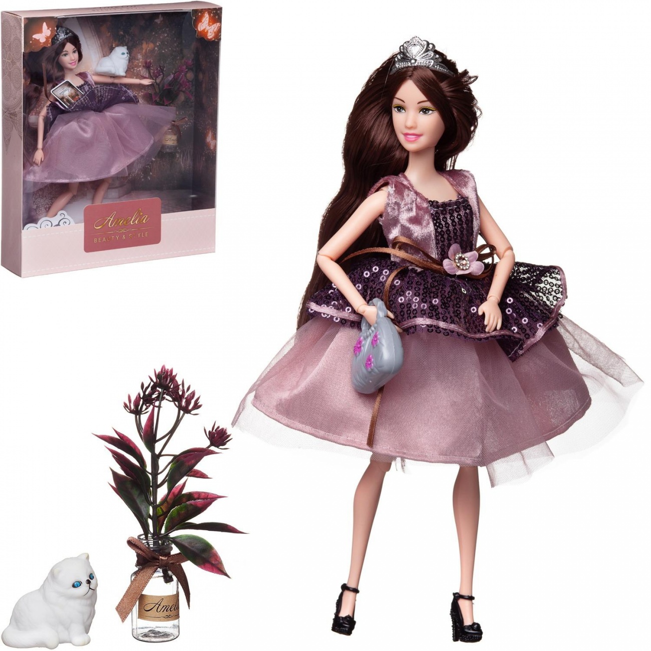 Кукла ABtoys Amelia. Королевский прием с диадемой, котенком, темные волосы 30см PT-01640