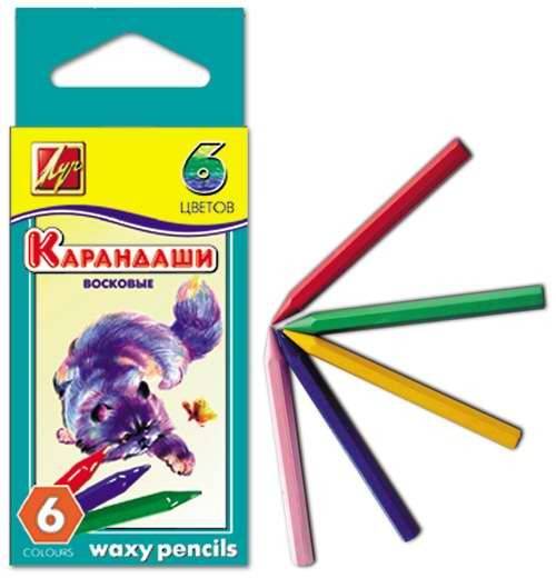 Карандаши восковые, шестигранные 8х90 мм, 6 цветов ЛУЧ 12С864-08