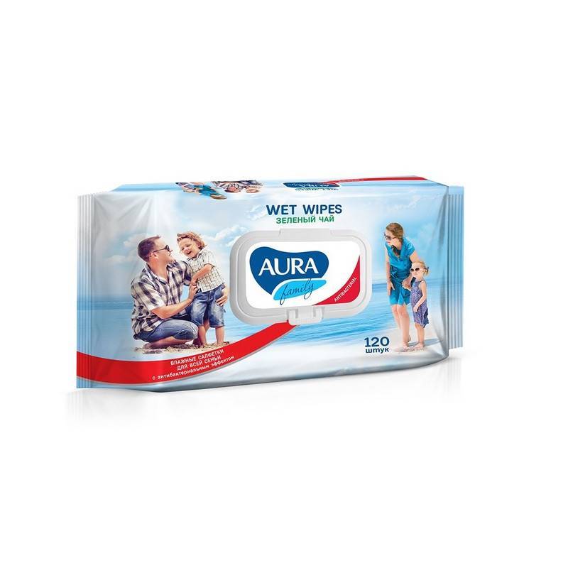 Влажные салфетки антибактериальные Aura Family 120 штук в уп 716564