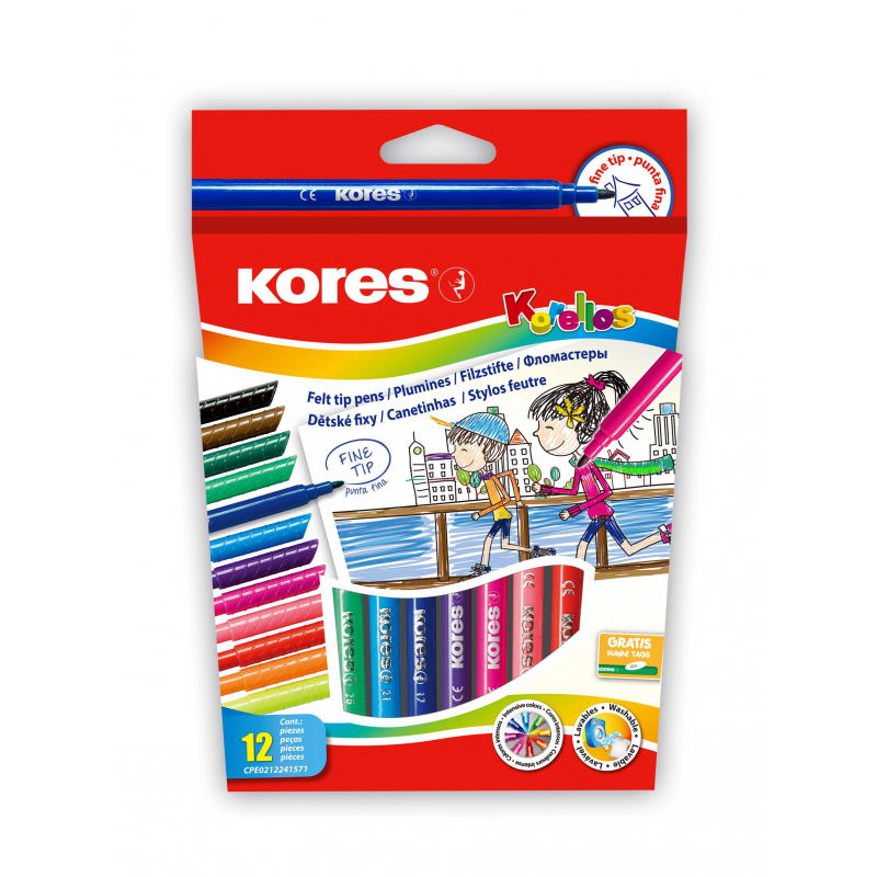 Фломастеры KORELLOS Kores 12 цветов, в картонной коробке с подвесом, 29013 1337459