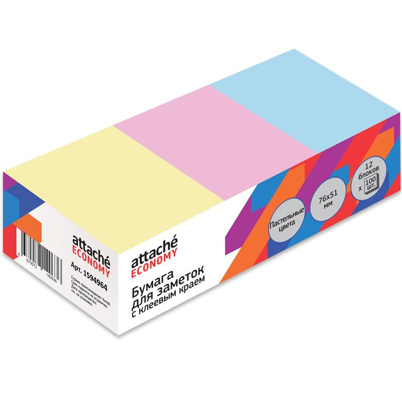 Стикеры Attache Economy 76x51 мм, 100 л, цв в асс, 12 бл/уп 1408012 1594964