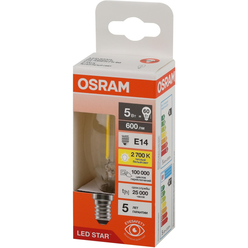 Лампа светодиодная OSRAM LSCLB60 5W/827 230VFILCL E14 FS1 1894993 4058075684577