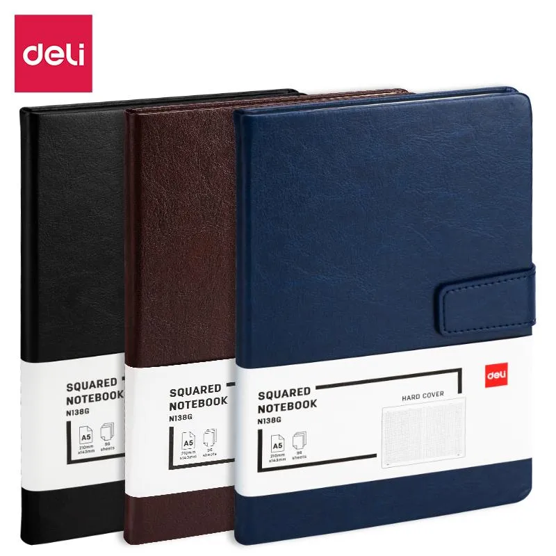 Блокнот Deli А5 96л 80 г/м тверд.облож,магнит клетка 5x5мм черн кожа EN138G 1741983