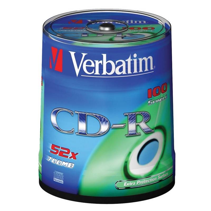 Носители информации CD-R, 52x, Verbatim Extra Protection, Cake/100, 43411 84123