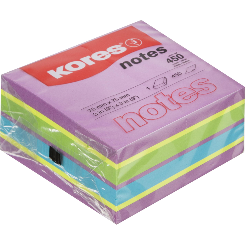 Стикеры Kores CUBO 75х75мм,смешан.неон.цв. (фиол,желт,син,зелен) 450л 48464 1801189
