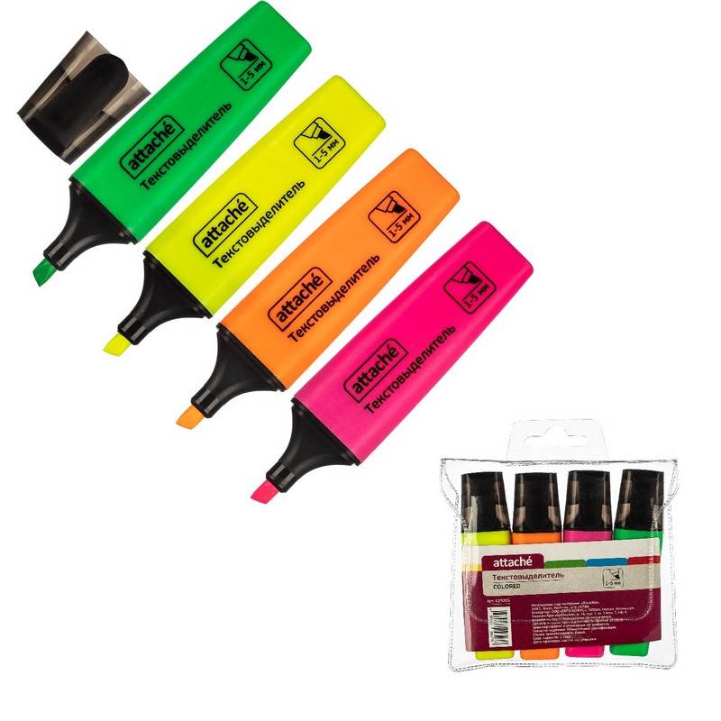 Набор текстовыделителей Attache Colored (толщина линии 1-5 мм, 4 цвета) 629205