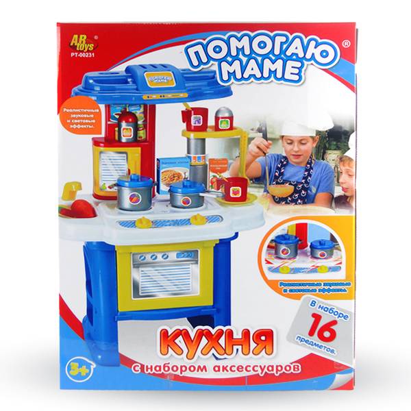 Кухня детская игрушечная "Помогаю Маме" с аксессуарами, 16 предметов, свет, звук AbToys PT-00231