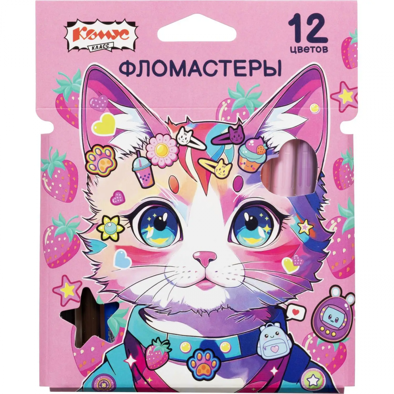 Фломастеры Комус Класс Kitty stickers 12цв. вентилир,смыв, 2162235
