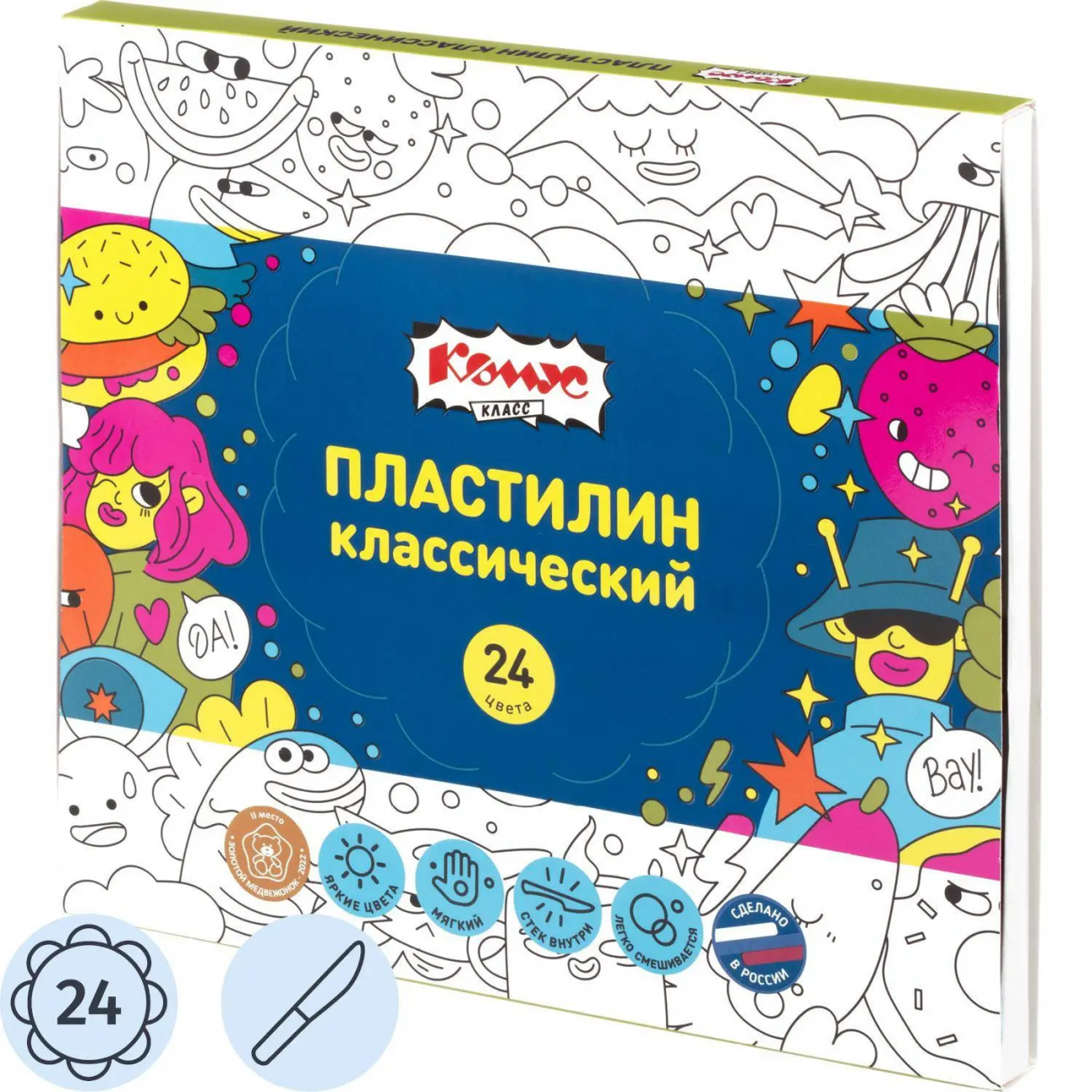 Пластилин классический Комус Класс Максики 24 цв/наб, 480г, 4 стека 1947478