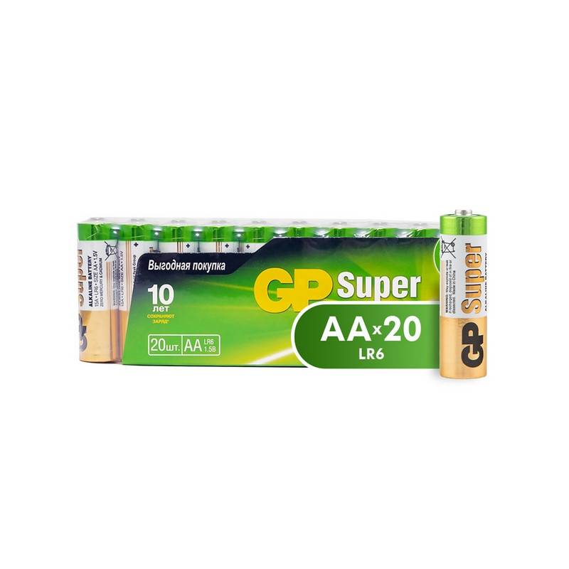 Батарейки GP пальчиковые АА LR6 (20 штук в уп) 15A-2CRVS20 796278