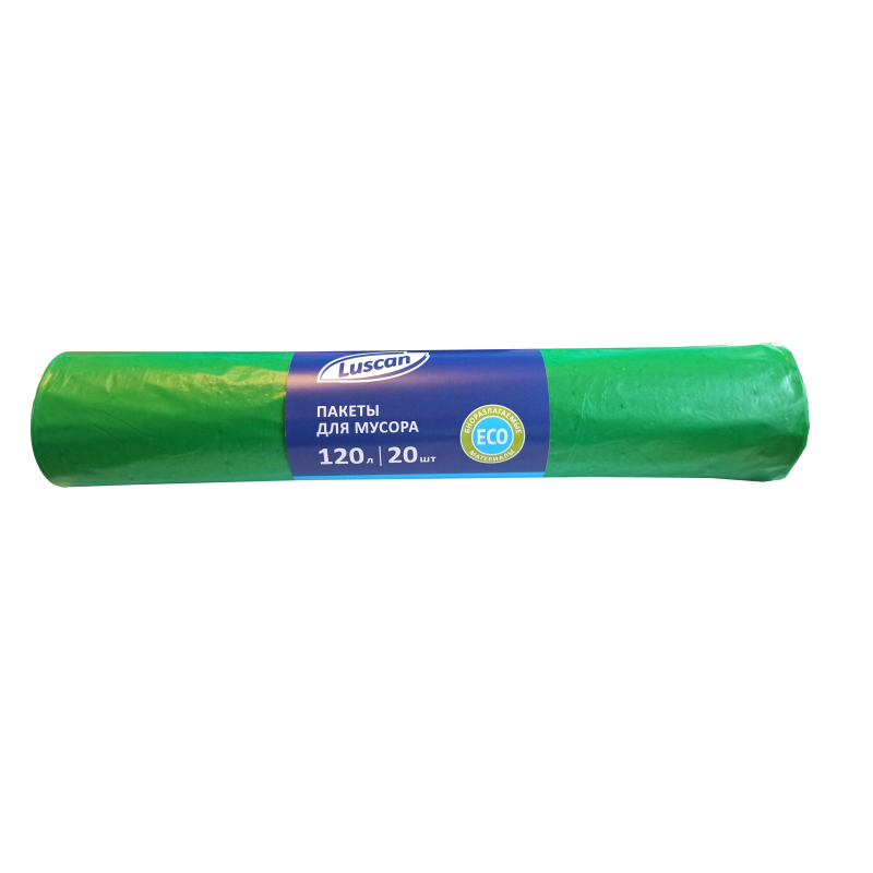 Мешки для мусора ПВД 120л 40мкм 20шт/рул зеленые 70x110см Luscan Bio 1557728