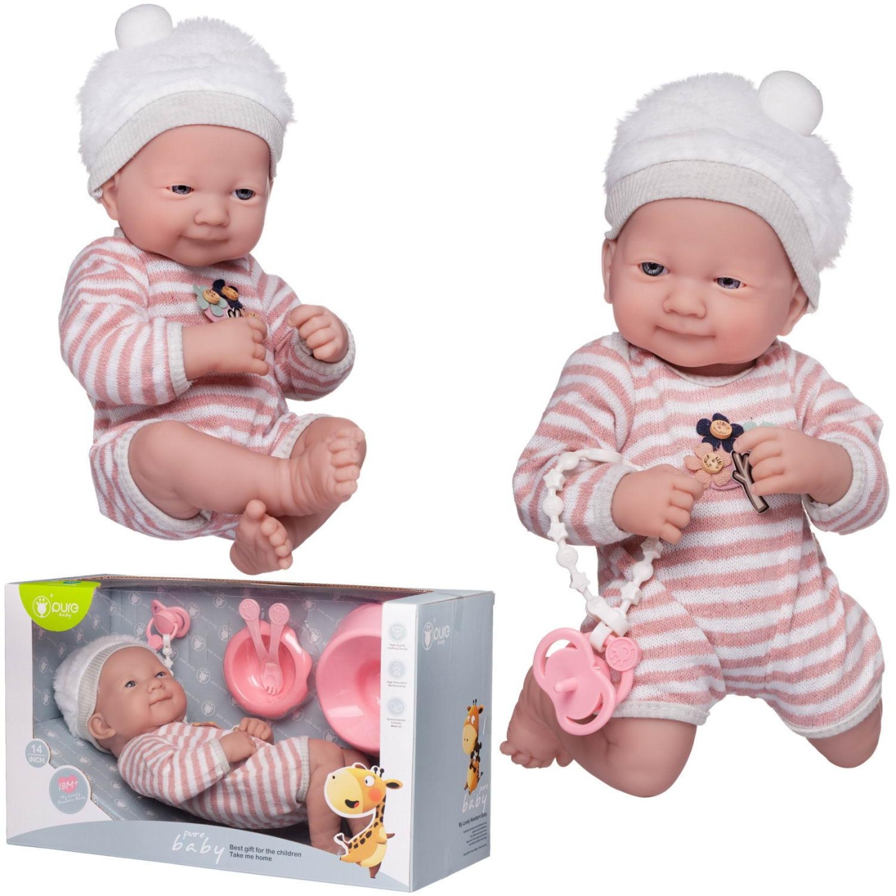 Пупс Junfa Pure Baby в бело-розовом в полоску комбинезоне и белой с серой полоской шапочке, с аксесс. 35см WJ-22518